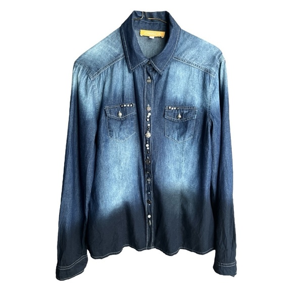 CRISCA Ombré Long Sleeved Button Up Beaded Denim Shirt Size Small Fr 38 Blue - Picture 1 of 6